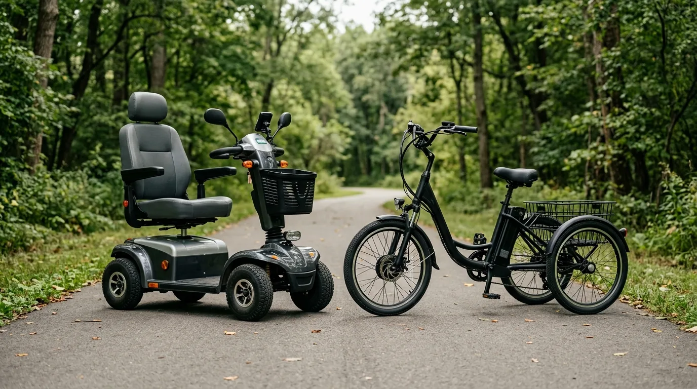 Scooter elétrica de quatro rodas ao lado de um triciclo elétrico de três rodas