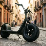 Scooter elétrica com pneus largos estacionada em rua de paralelepípedo