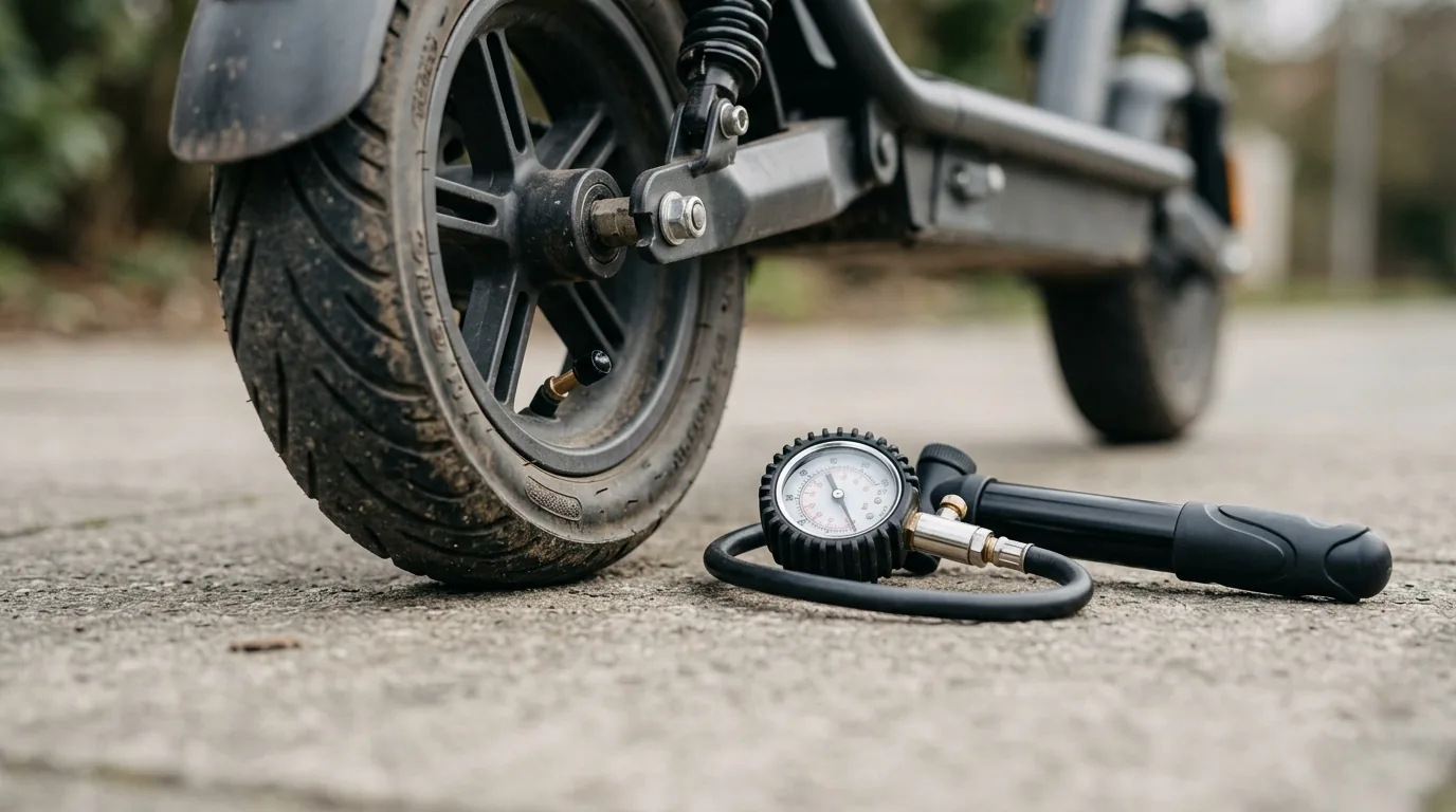 Calibrador de pressão e bomba manual ao lado do pneu largo de uma scooter elétrica