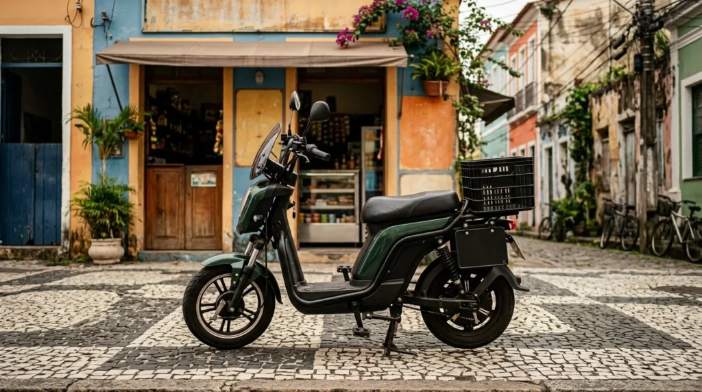 Scooter elétrica pequena com suporte de placa vazio estacionada em frente a um comércio