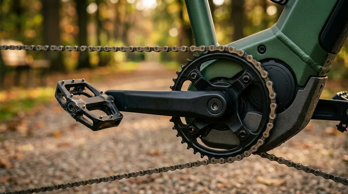 Pedal, pedivela e motor central de uma bicicleta elétrica de pedal assistido