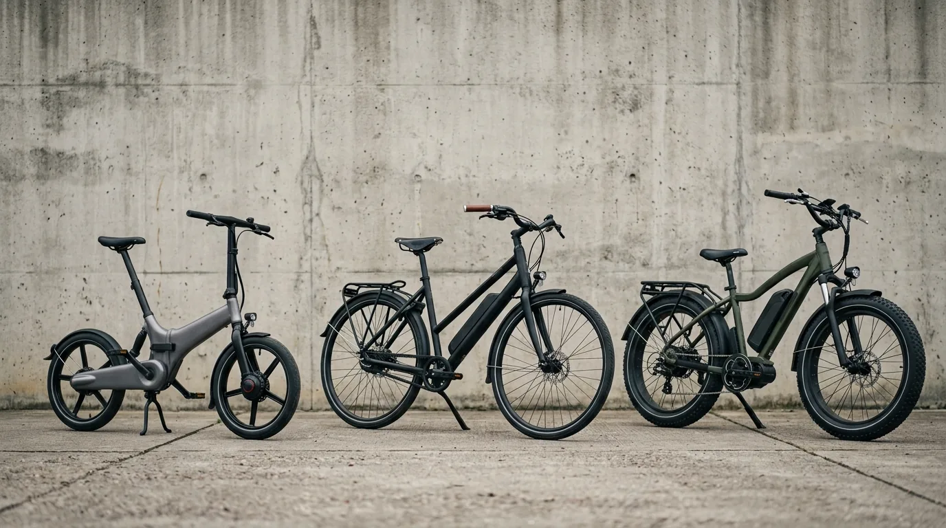 Três bicicletas elétricas de tipos diferentes alinhadas lado a lado