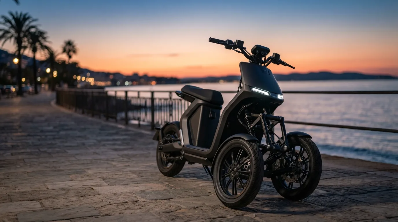 Triciclo elétrico inclinável de duas rodas dianteiras estacionado em orla ao pôr do sol