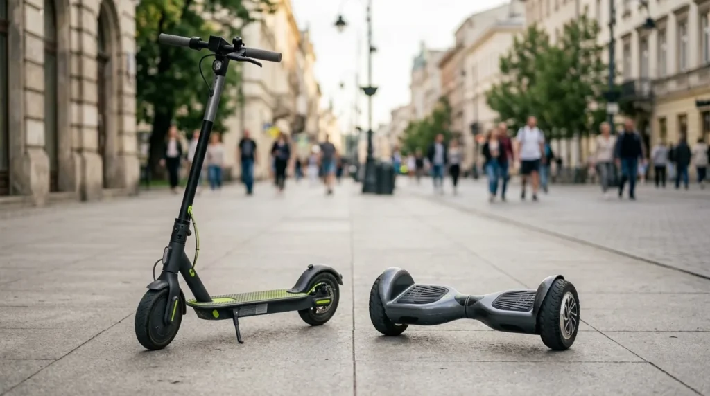 Patinete elétrico e hoverboard lado a lado em uma calçada larga de cidade