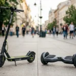 Patinete elétrico e hoverboard lado a lado em uma calçada larga de cidade