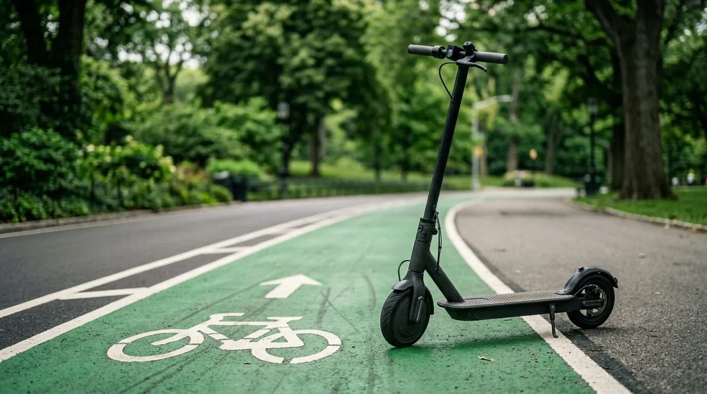 Patinete elétrico parado na borda de uma ciclovia pintada de verde
