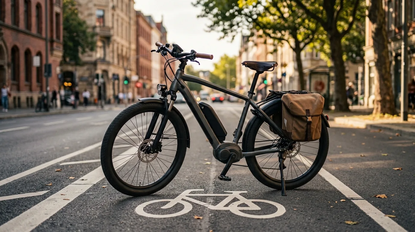 Bicicleta elétrica parada em ciclovia sinalizada de cidade
