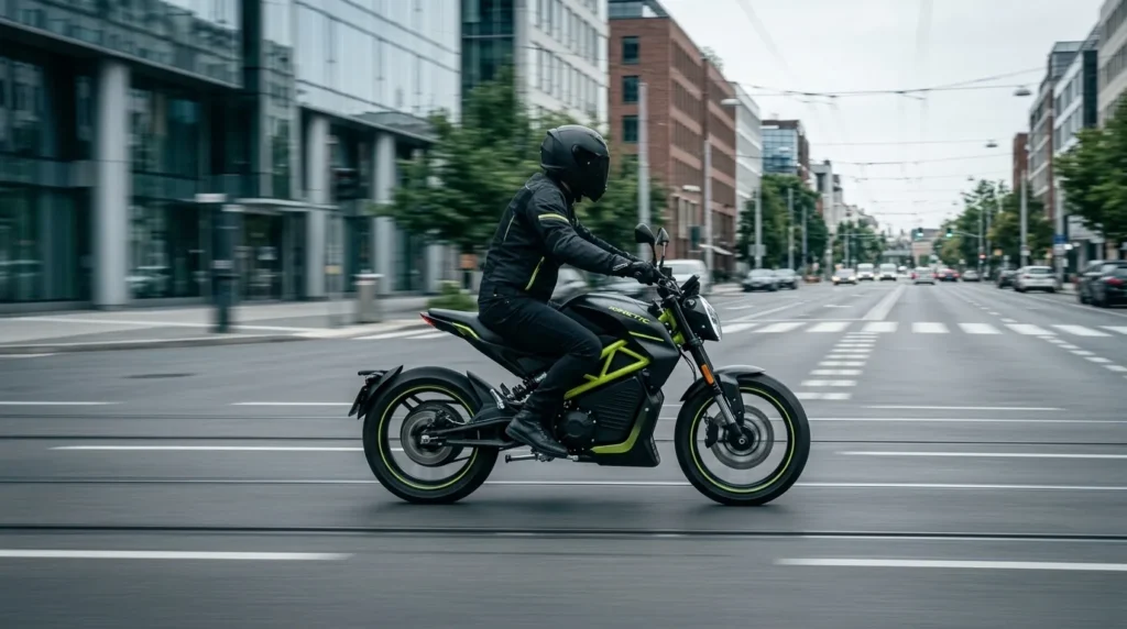 Moto elétrica em velocidade numa avenida urbana com o fundo desfocado pelo movimento