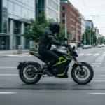 Moto elétrica em velocidade numa avenida urbana com o fundo desfocado pelo movimento