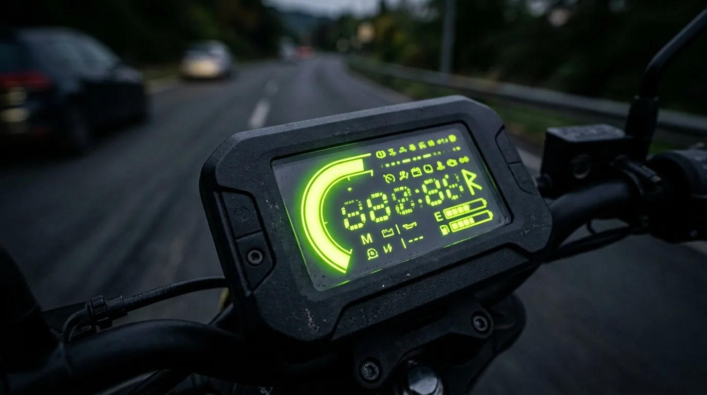 Painel digital de uma moto elétrica mostrando a velocidade, visto de perto