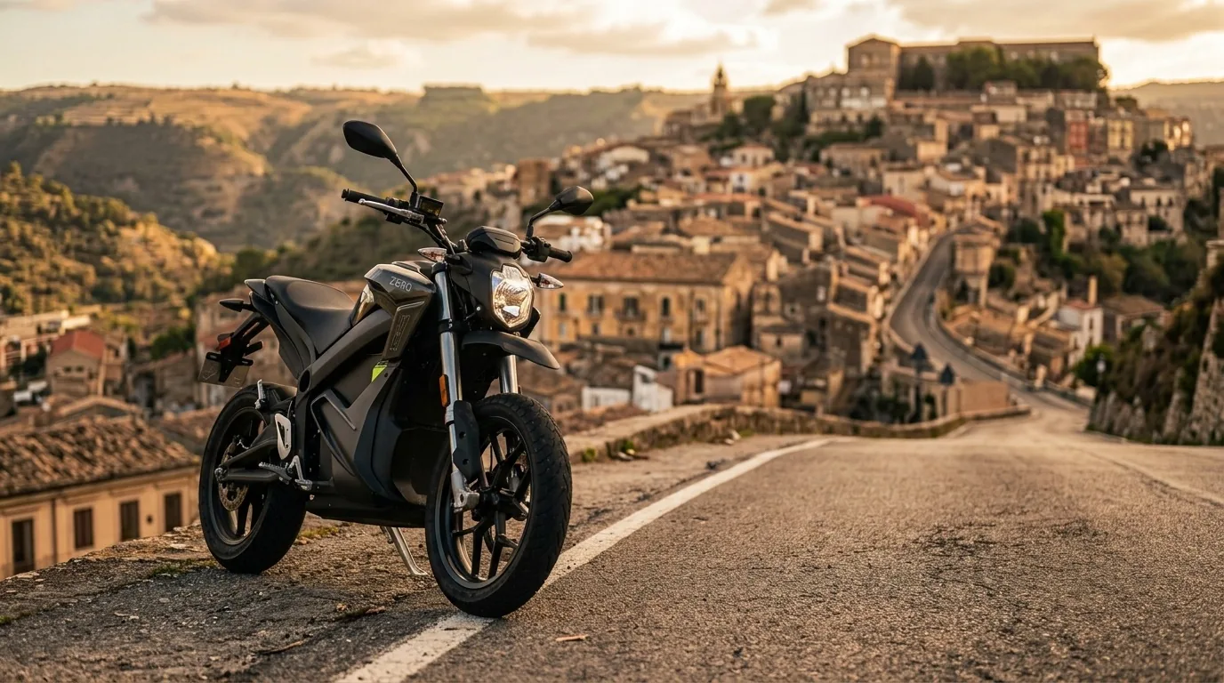 Moto elétrica parada de frente para uma subida longa e íngreme