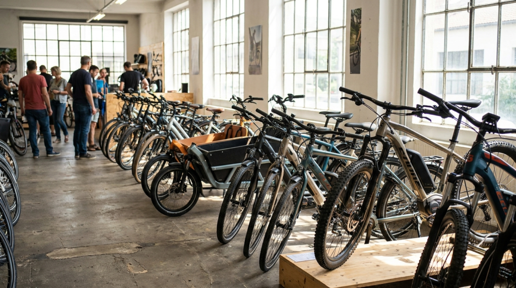 Fileira de bicicletas elétricas de várias marcas em uma loja