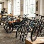 Fileira de bicicletas elétricas de várias marcas em uma loja