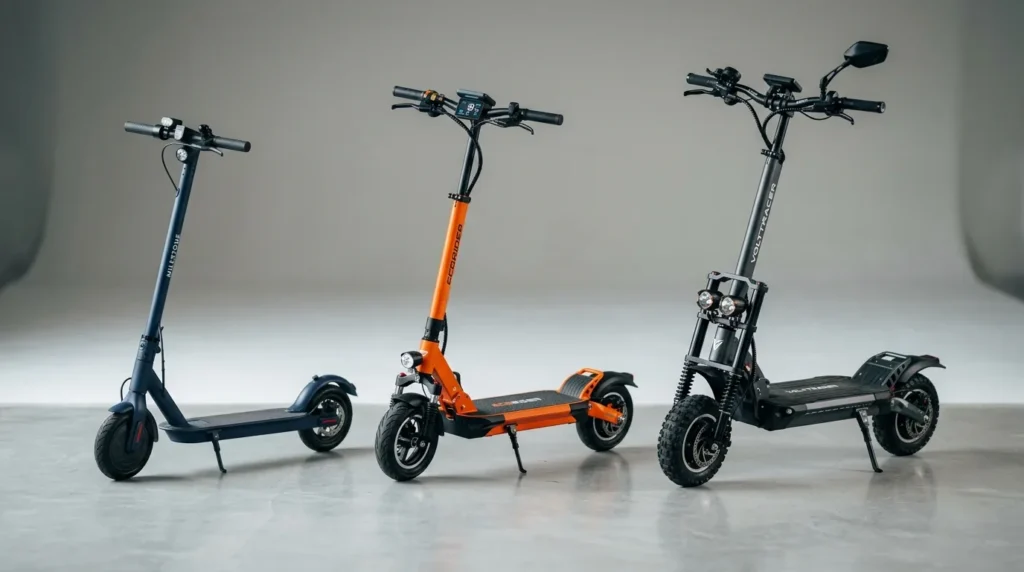 Três patinetes elétricos enfileirados lado a lado para comparação