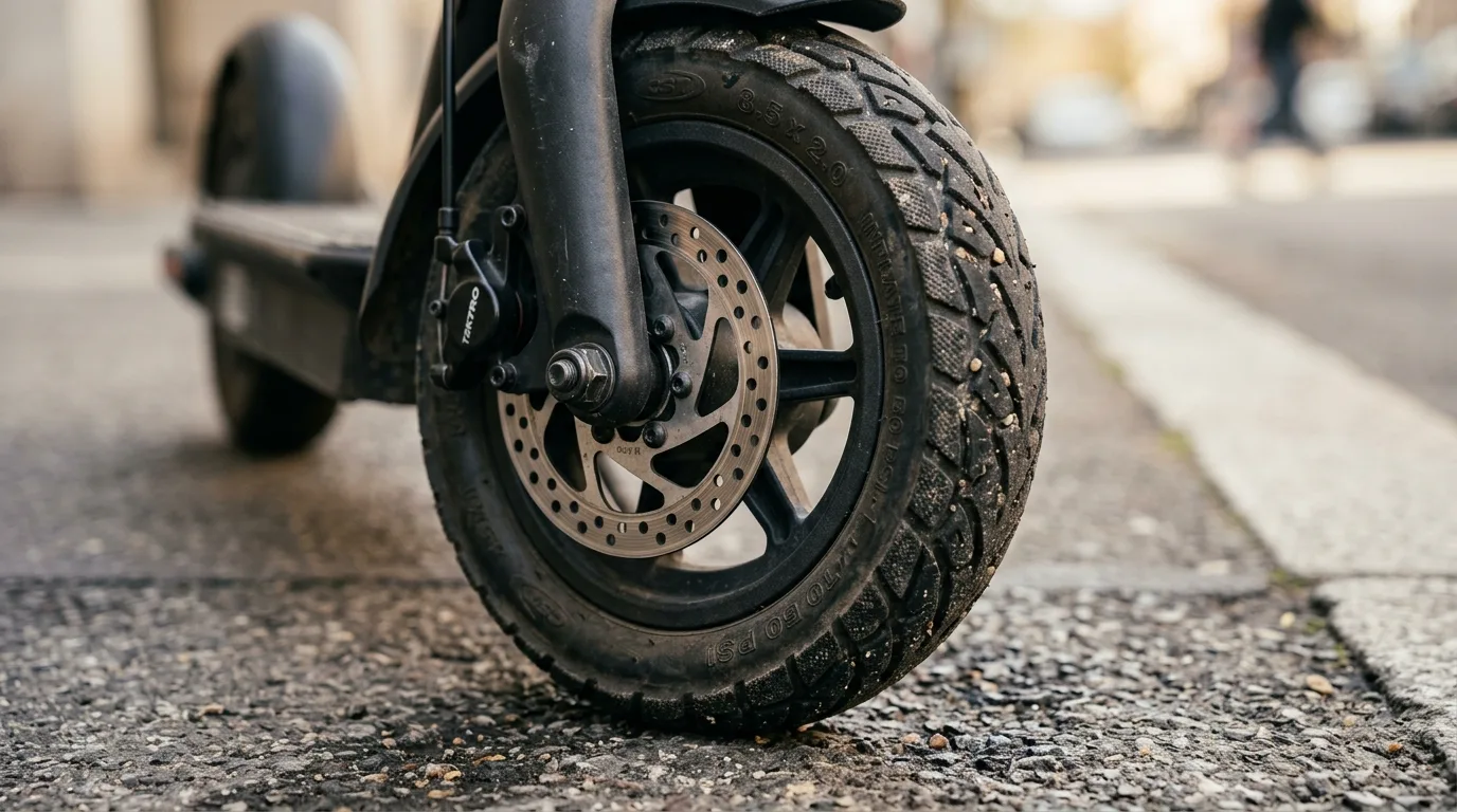 Pneu e roda de um patinete elétrico sobre o piso urbano