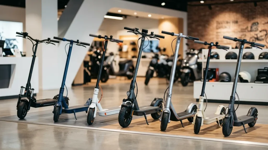 Fileira de patinetes elétricos de diferentes marcas em showroom