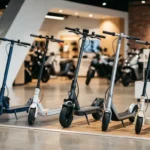 Fileira de patinetes elétricos de diferentes marcas em showroom