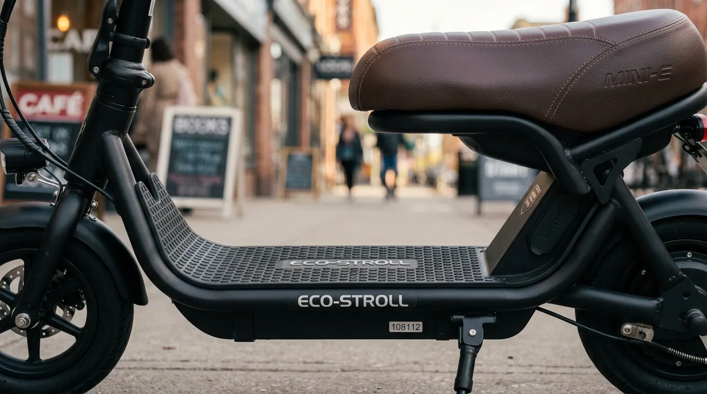 Banco e plataforma de uma mini scooter elétrica em detalhe