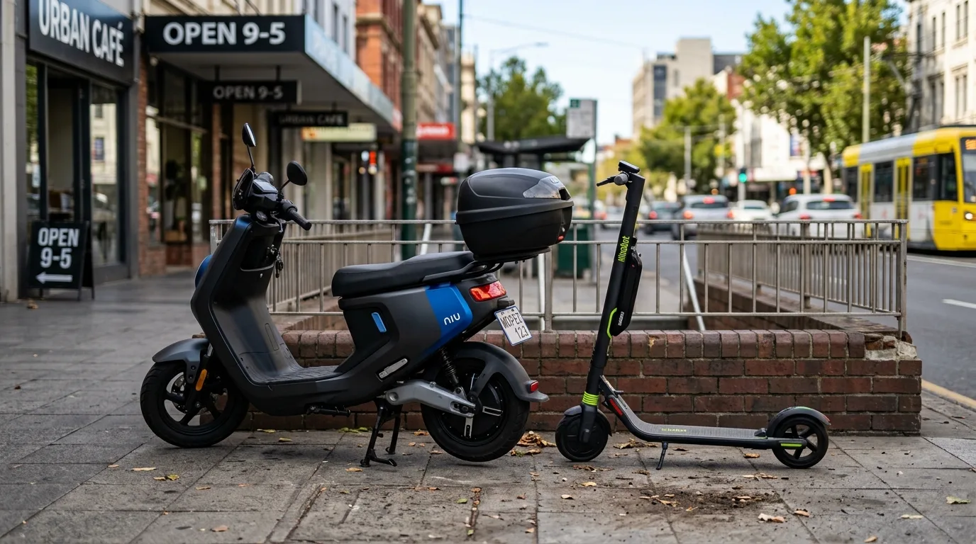 Mini scooter elétrica ao lado de um patinete, comparação de tamanho