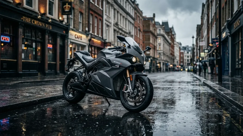 Moto elétrica estacionada numa rua da cidade sob chuva, com asfalto molhado