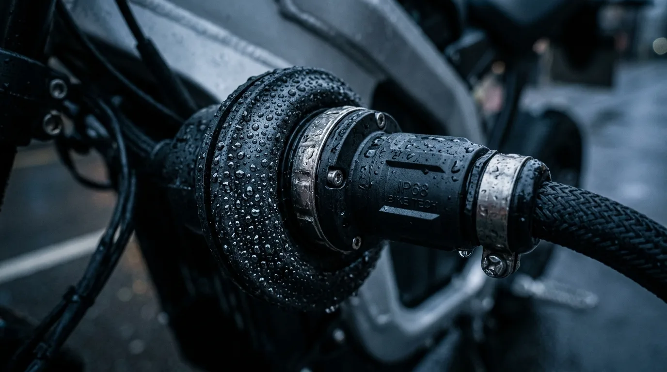 Conector elétrico selado de moto elétrica com gotas de água