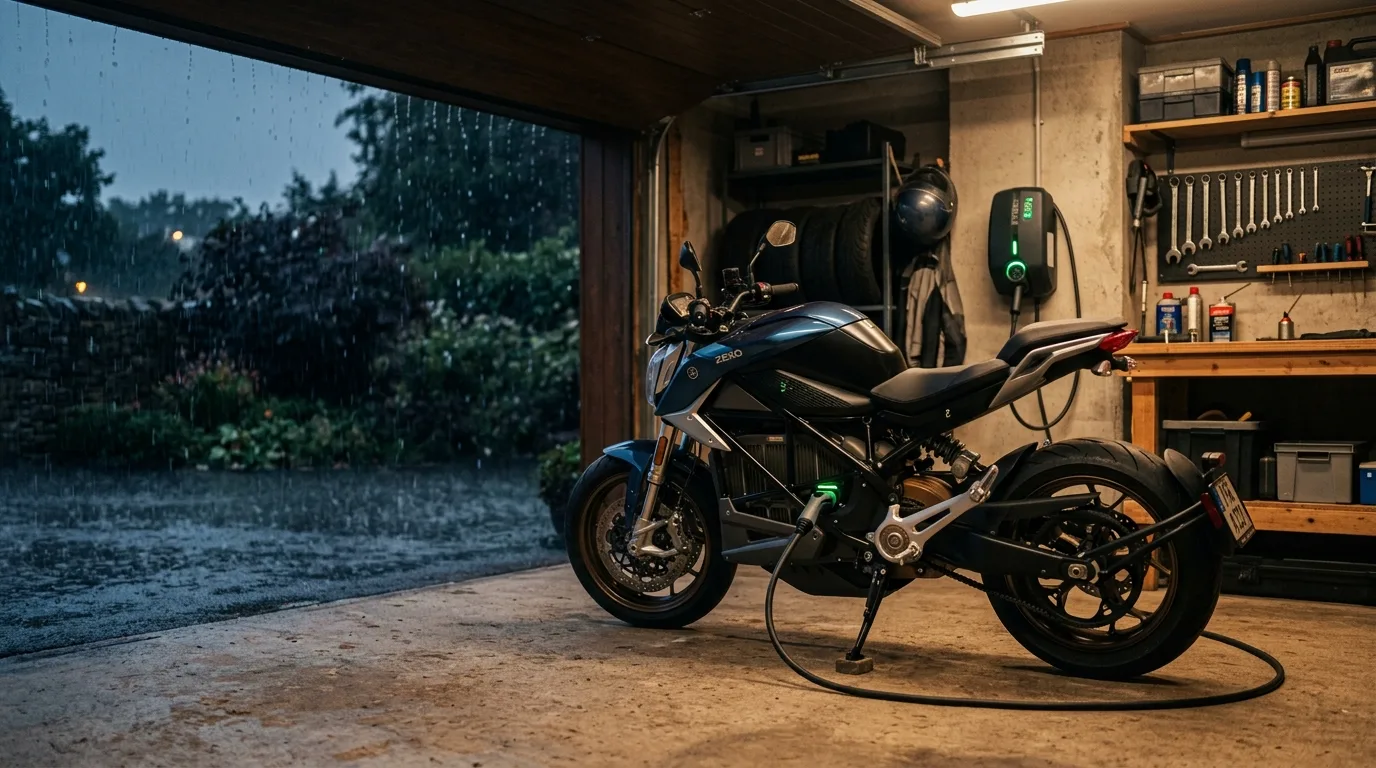 Moto elétrica carregando abrigada na garagem enquanto chove lá fora