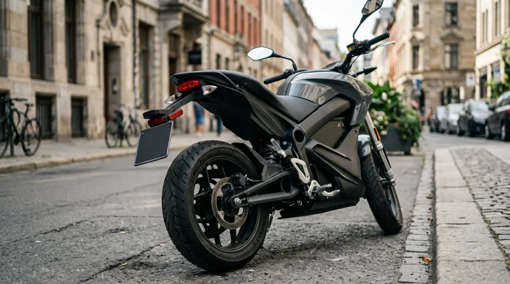 Moto elétrica estacionada mostrando a traseira com o suporte de placa