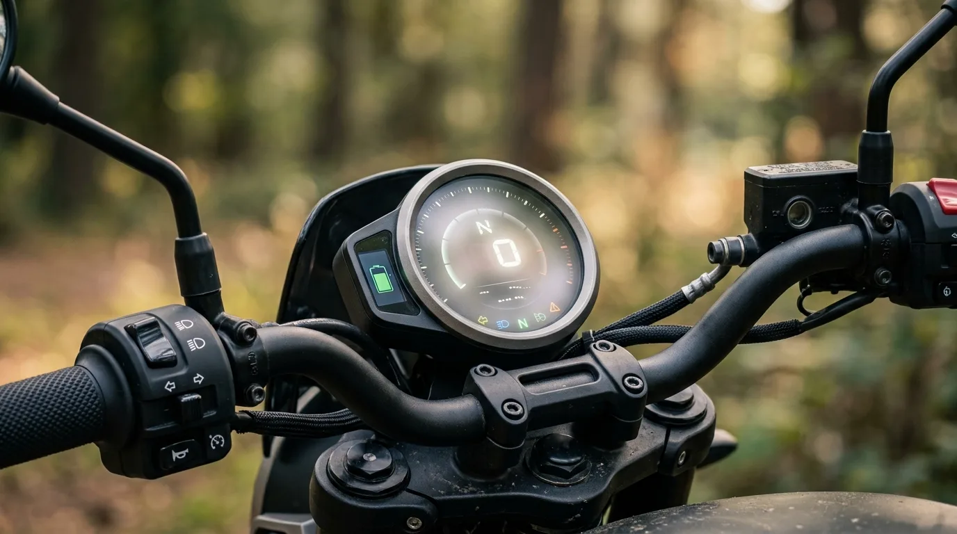 Painel e velocímetro de uma moto elétrica em detalhe