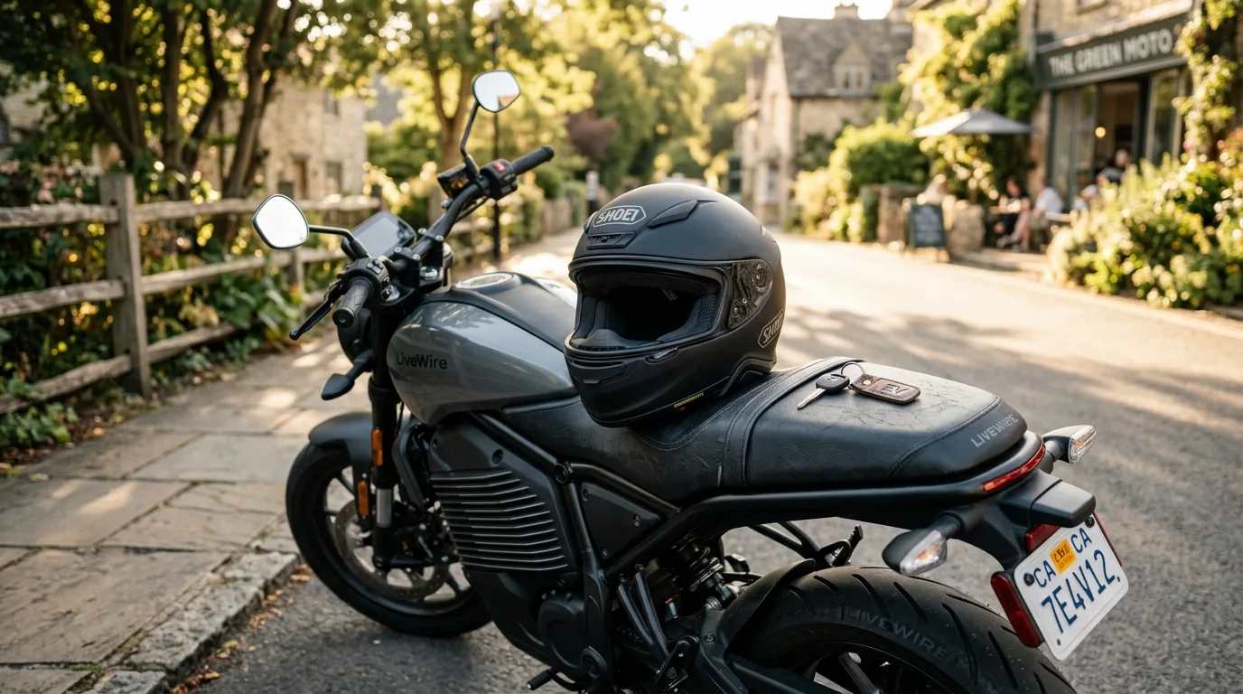 Capacete e chave sobre o banco de uma moto elétrica