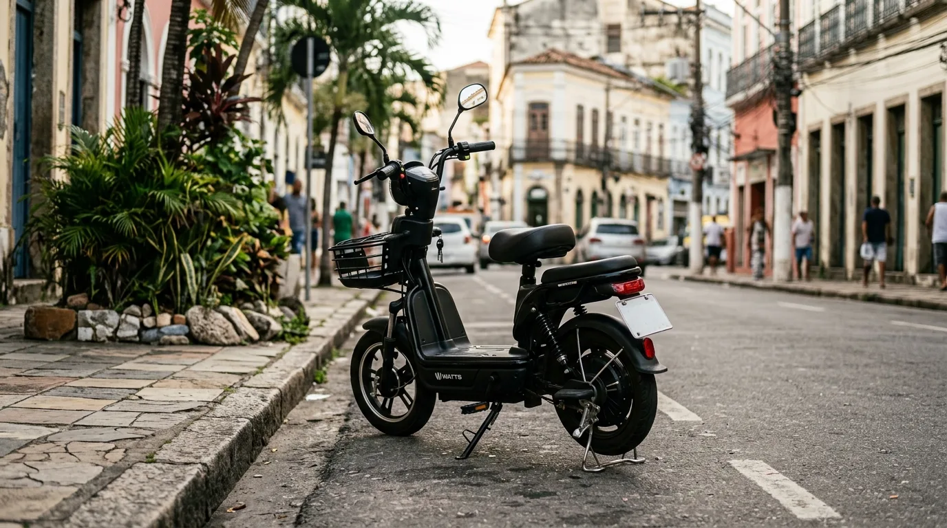 Ciclomotor elétrico estacionado na rua com placa traseira