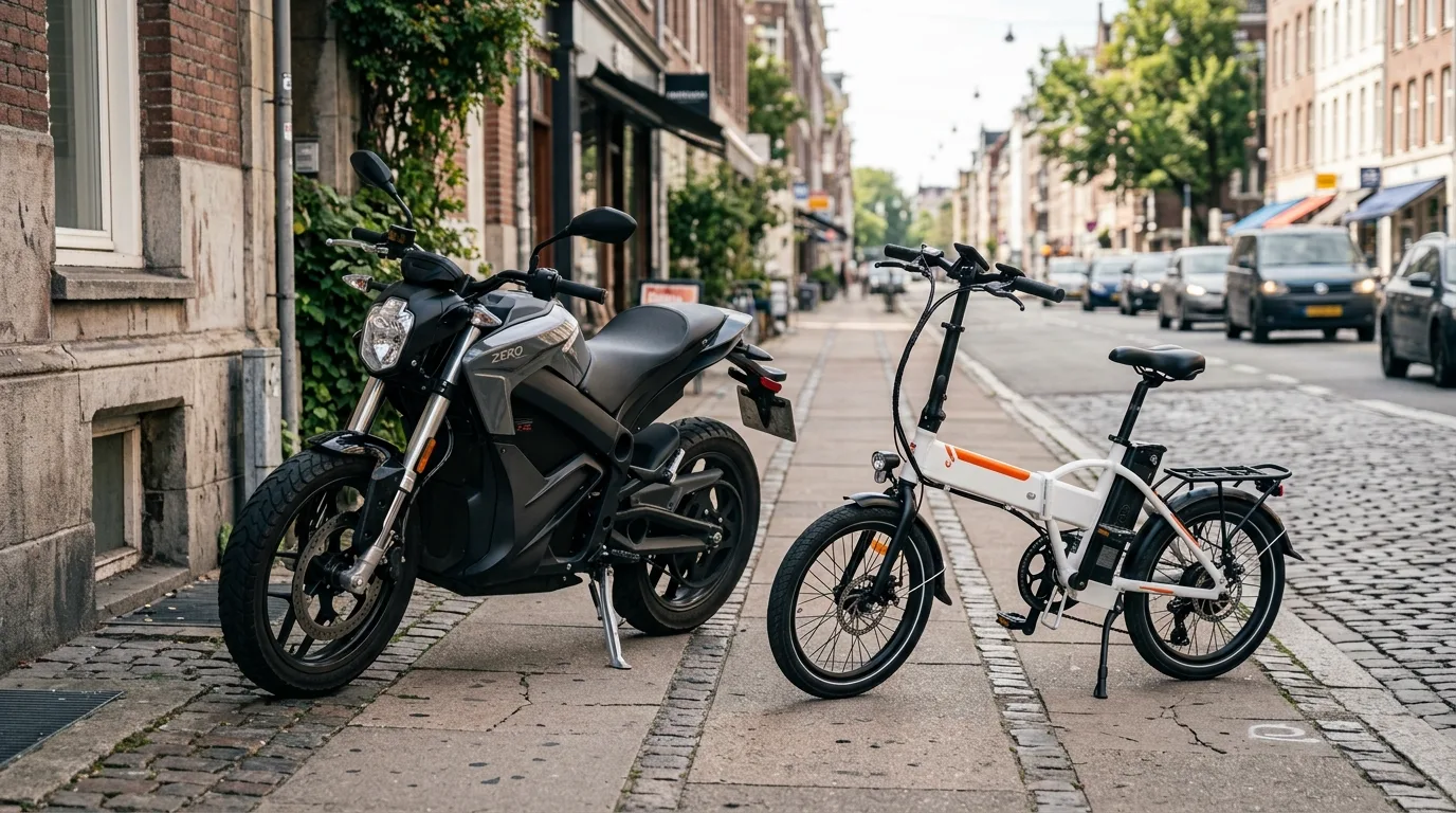 Moto elétrica e bicicleta elétrica lado a lado, contrastando as categorias