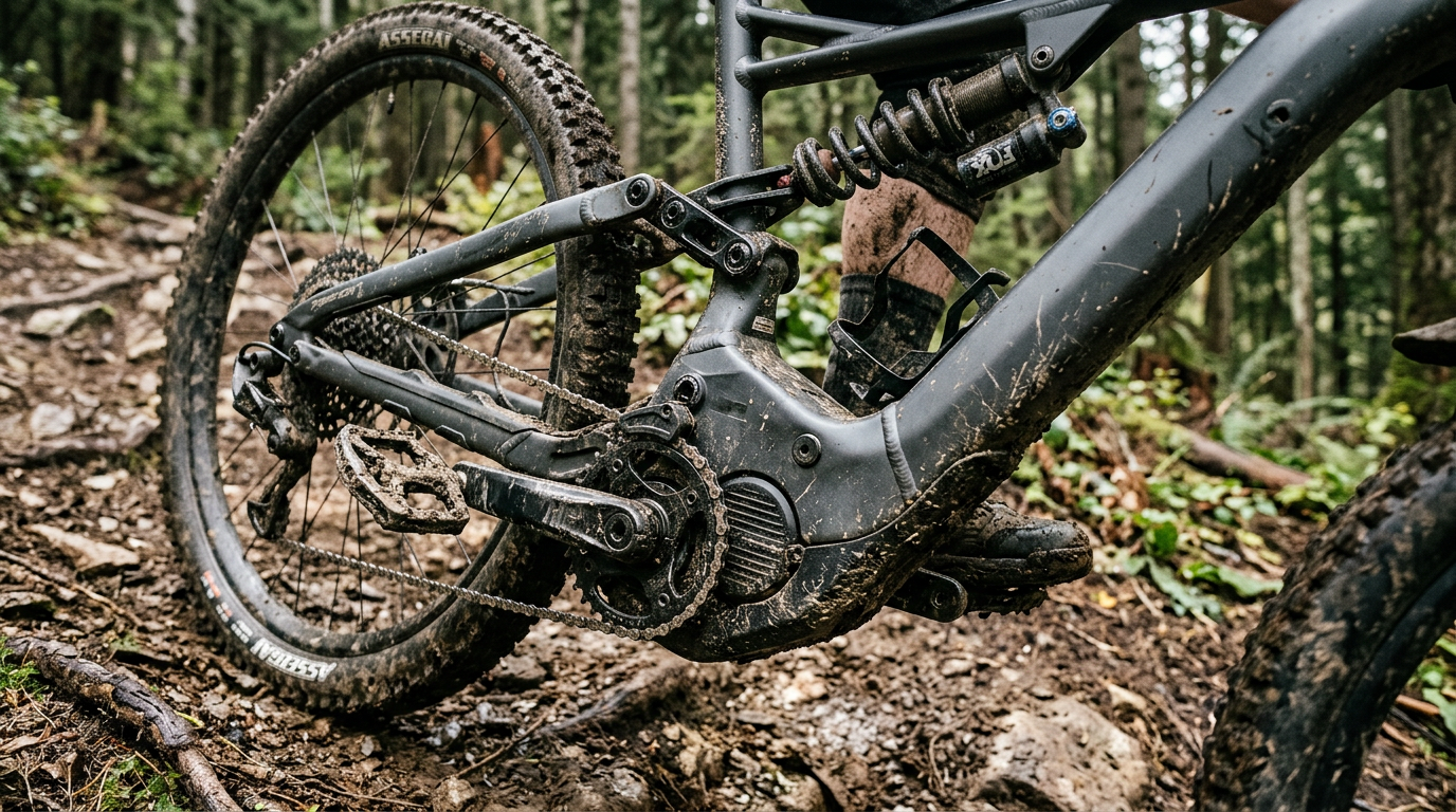 Motor central e suspensão de uma MTB elétrica em trilha