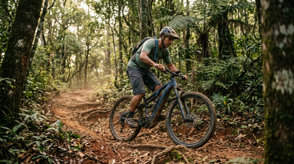 MTB elétrica subindo uma trilha de terra em meio à mata