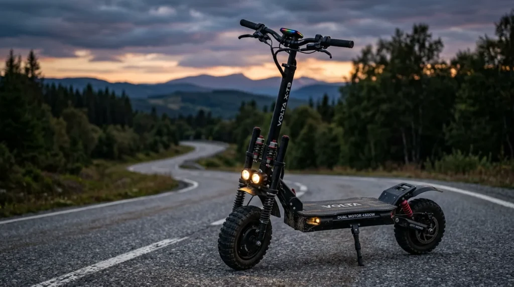 Patinete elétrico potente parado numa estrada aberta ao entardecer