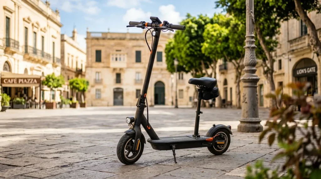 Patinete elétrico com banco estacionado numa praça urbana