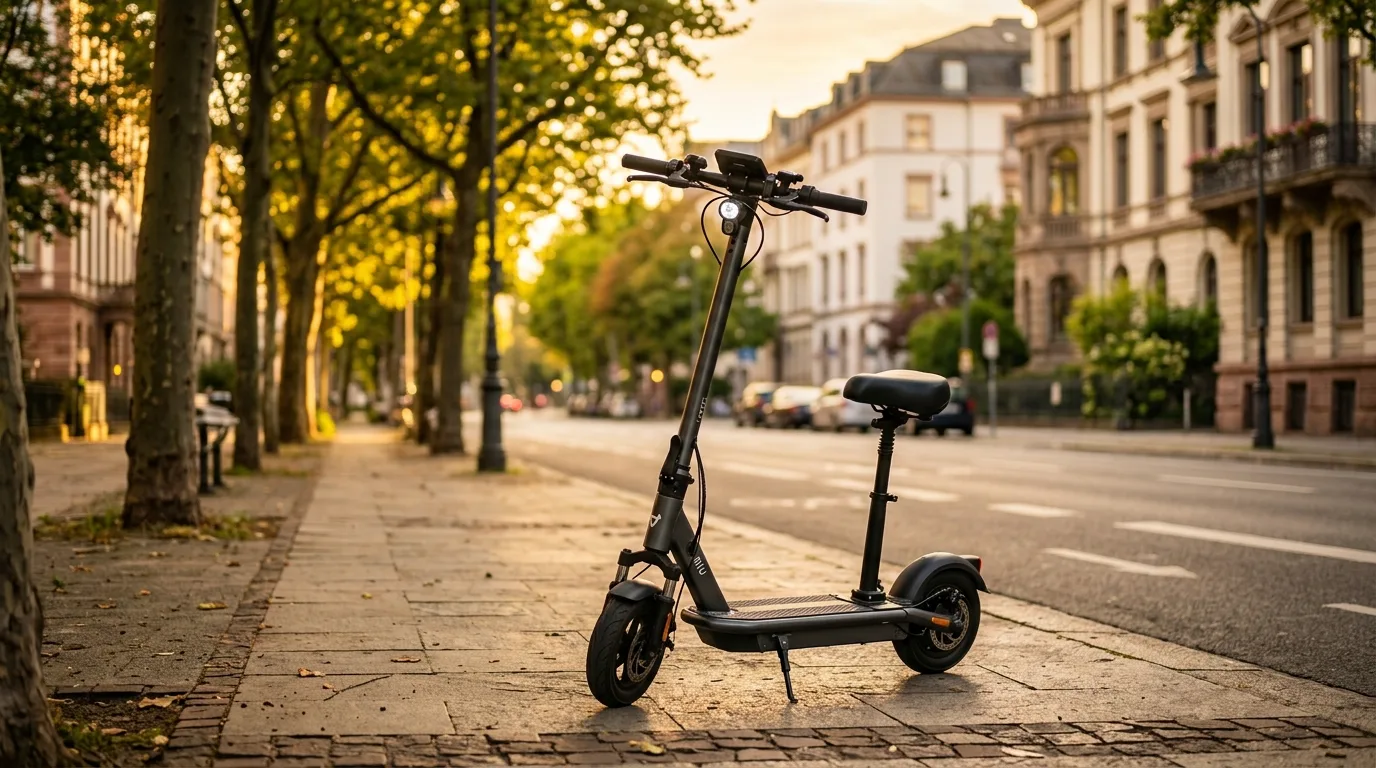 Patinete elétrico com banco numa avenida arborizada ao entardecer