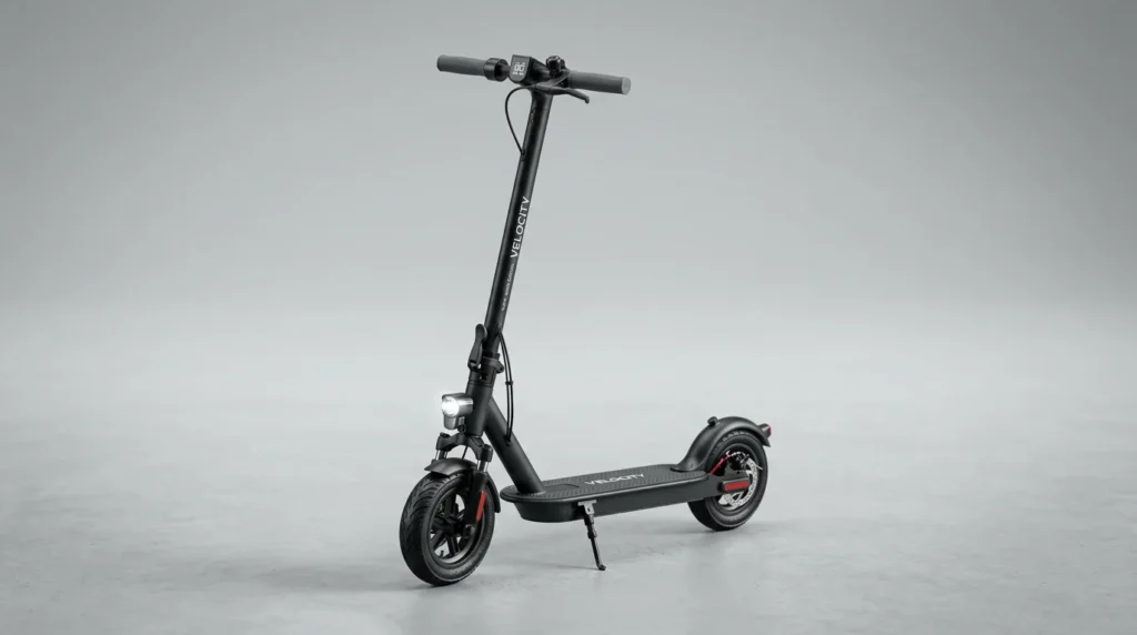 Patinete elétrico moderno em fundo neutro de estúdio, vista de três quartos