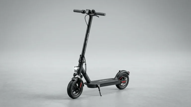 Patinete elétrico moderno em fundo neutro de estúdio, vista de três quartos