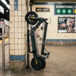 Patinete elétrico dobrado encostado numa parede de estação de metrô