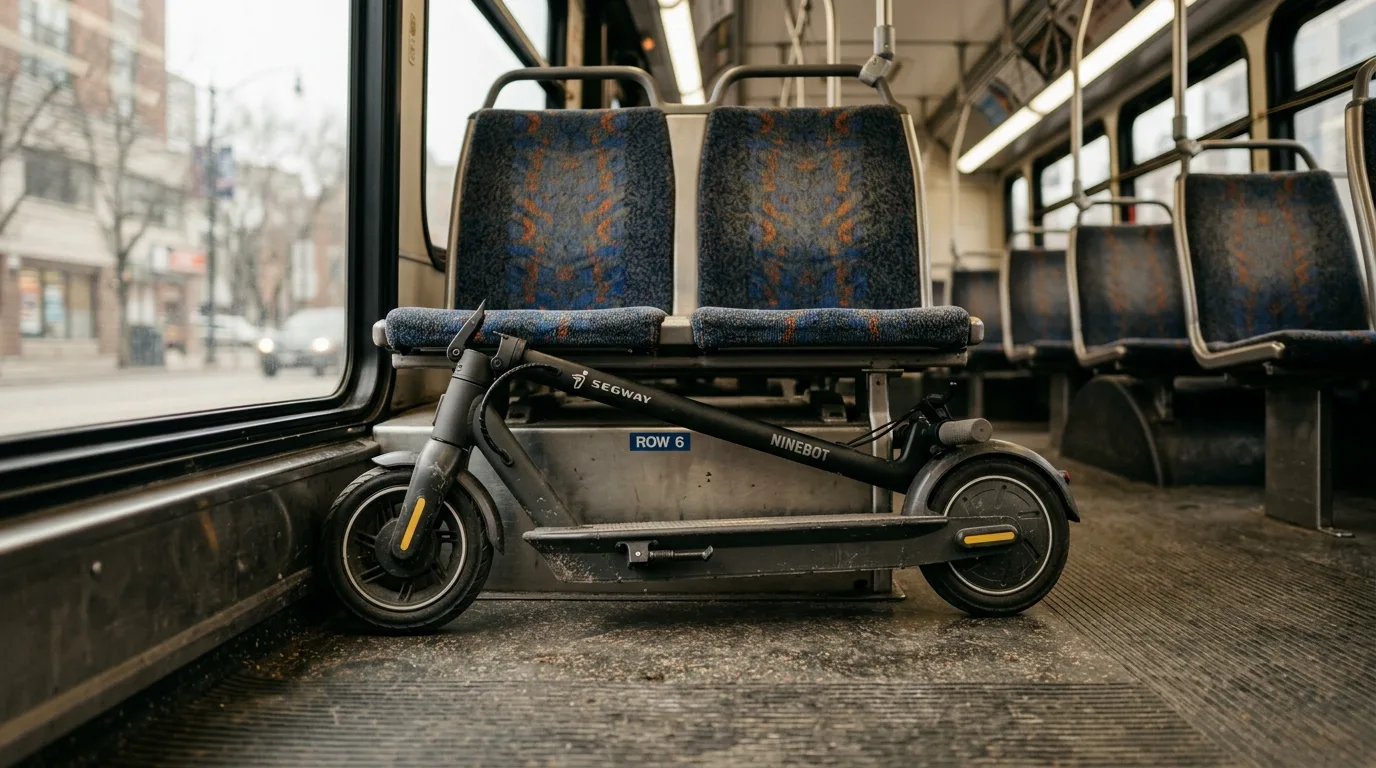 Patinete elétrico dobrado embaixo do banco de um ônibus