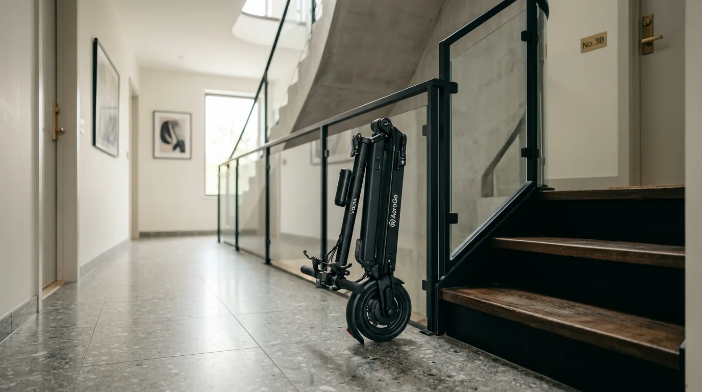 Patinete elétrico dobrado ao lado de uma escada, mostrando a portabilidade