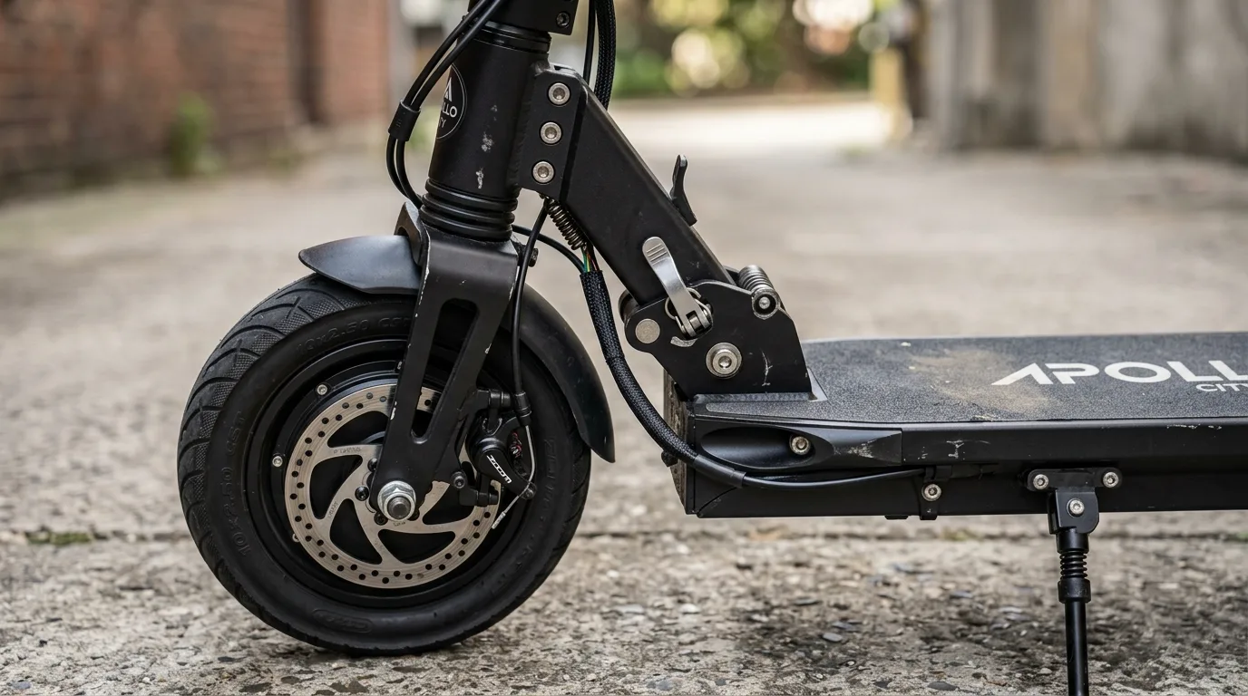 Detalhe da base, roda dianteira e motor de um patinete elétrico