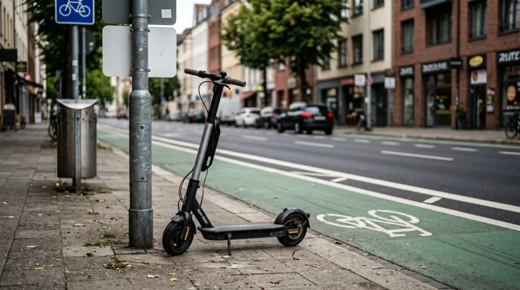 Patinete elétrico na calçada ao lado de placa e ciclofaixa marcada