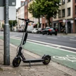 Patinete elétrico na calçada ao lado de placa e ciclofaixa marcada
