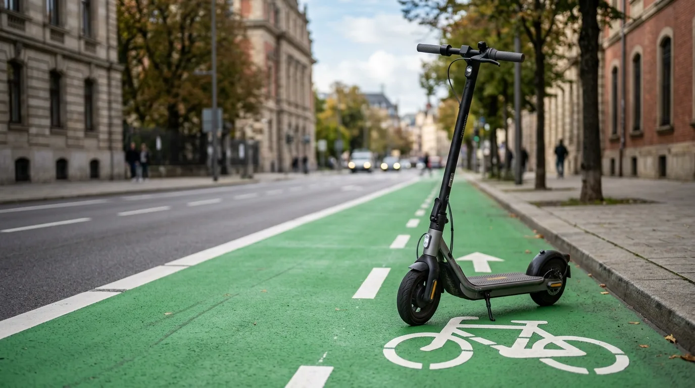 Patinete elétrico parado sobre uma ciclofaixa verde sinalizada