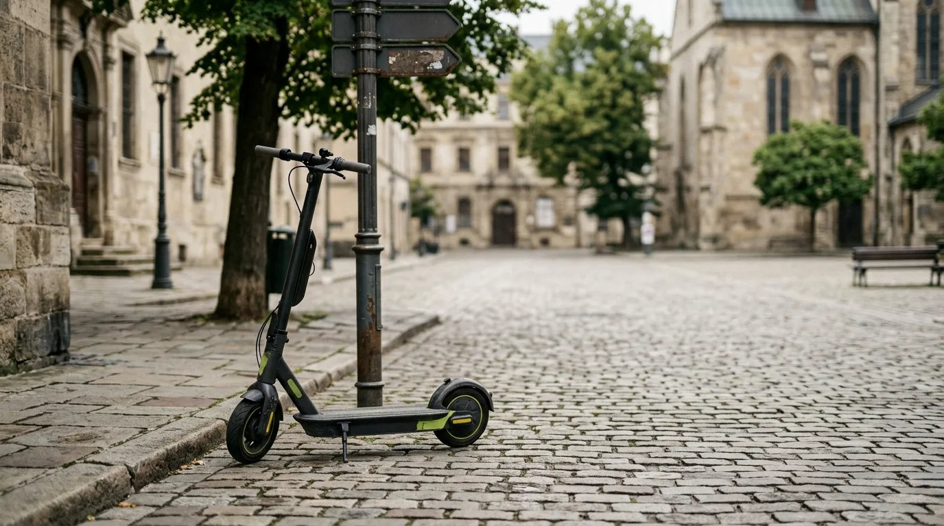 Patinete elétrico estacionado na borda de uma praça de pedestres