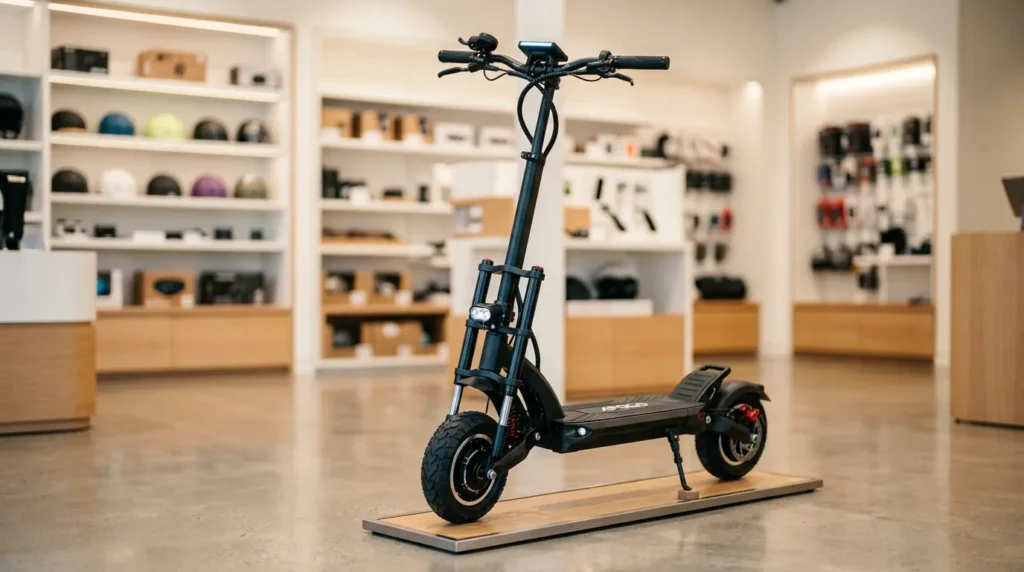 Patinete elétrico exposto em um showroom claro de loja