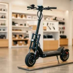 Patinete elétrico exposto em um showroom claro de loja