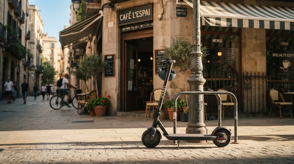 Patinete elétrico estacionado num canto urbano com clima de deslocamento diário