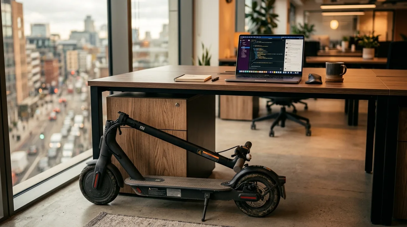 Patinete elétrico dobrado encostado numa mesa de escritório com laptop